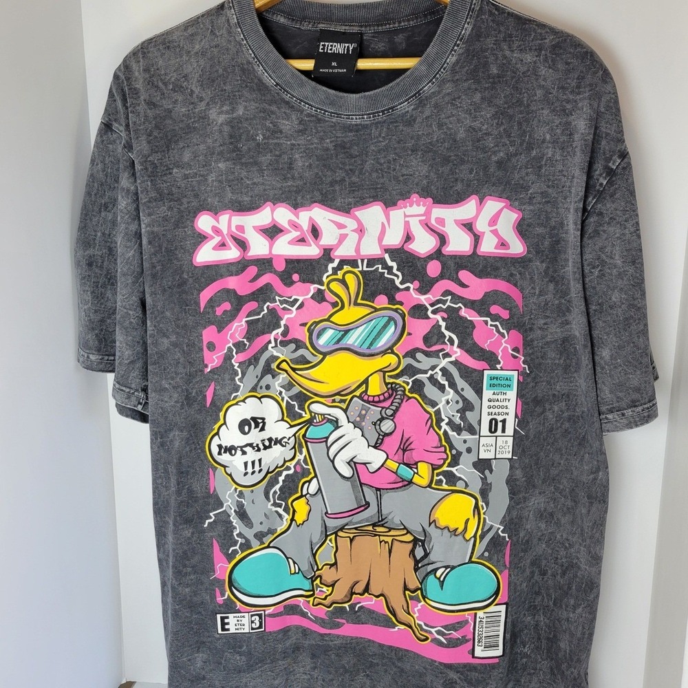 Eternity Mens XL Graphic T-Shirt Gray Acid Wash Graffiti Duck Streetwear Tee